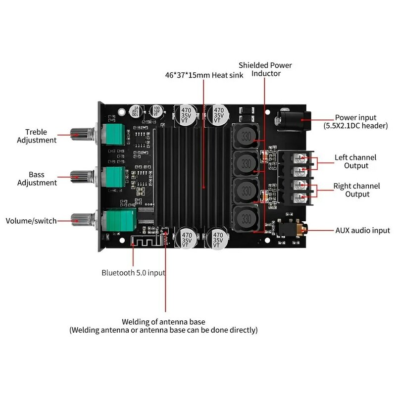 YS-XPSM 150W*2 TDA7498E Stereo Treble Bass Adjustment Bluetooth5.0 Audio Power Amplifier Board Module Dual Channel Heat Sink APP