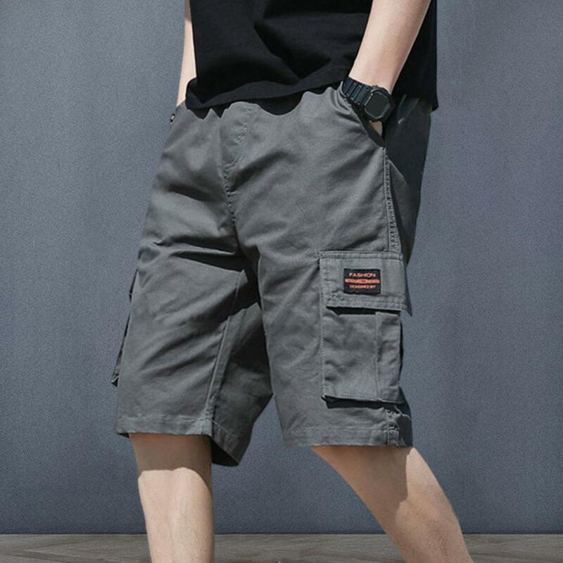 Elasticated Waist Men Shorts Breathable Men's Summer Sport Streetwear Shorts with Elastic Waist Multi Pockets Loose Fit Knee
