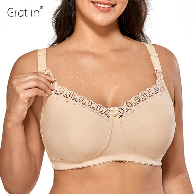 Gratlin Women's Breastfeeding Nursing Bra Plus Size Cotton Wirefree Soft Maternity Bra With Lace DD E F G Cup 34-42 44 46 48