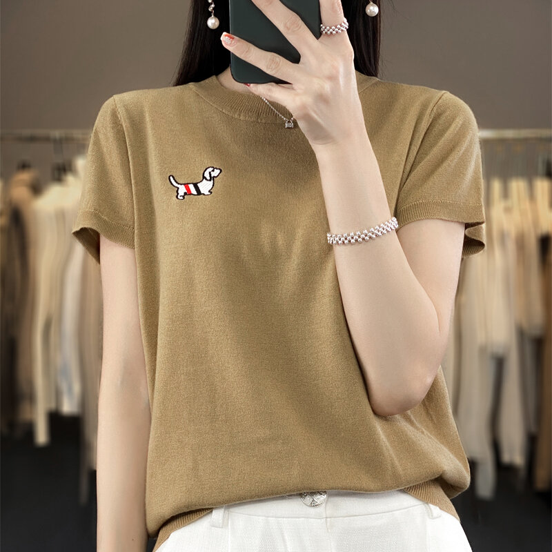 ADDONEE T-shirt kerah bulat wanita, Sweater Pullover lengan pendek rajut wol Merino 30% untuk wanita musim semi musim panas