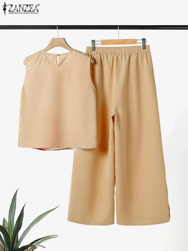 ZANZEA-Conjunto de pantalón informal para mujer, camiseta sin mangas con estampado Floral, 2 piezas, chándal de pierna ancha con botones laterales