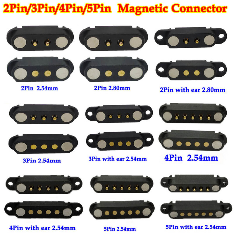 DC 마그네틱 포고 핀 커넥터, 스프링 부하 DC 전원 소켓, 1 세트 2A, 2 핀, 3 핀, 4 핀, 5 핀 포고핀, 수 암 간격, 2.5mm, 2.80mm