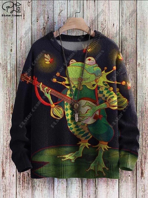 PLstar Cosmos new 3D printed animal series frog musician ugly sweater street casual winter sweater