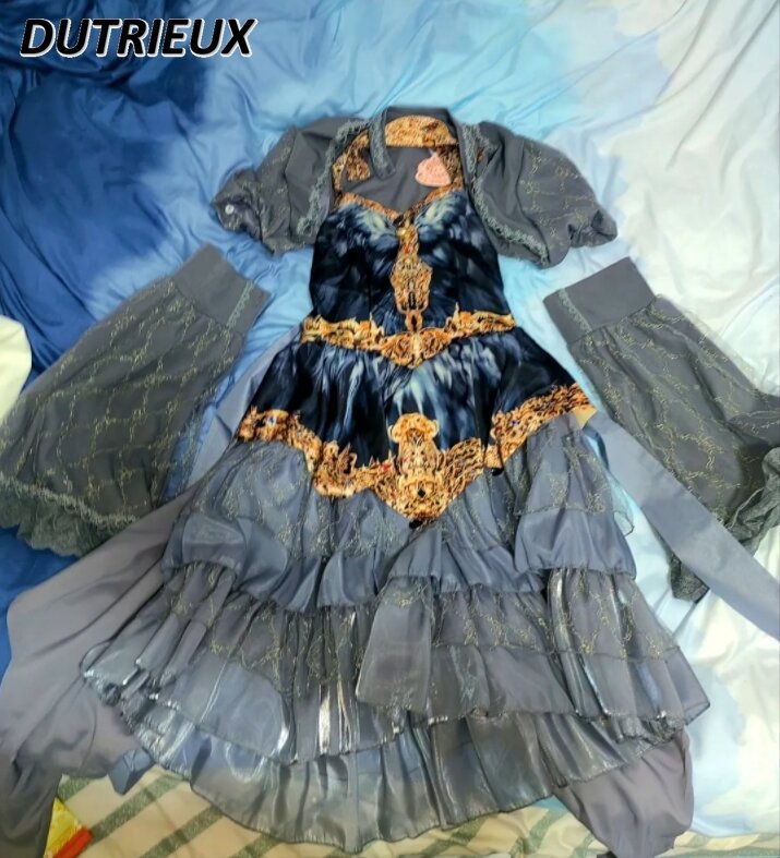 女の子のlolitaのぴったりとしたロングドレス,ノースリーブの服,多層ケーキ,大きなドレスとショール,和風,新しい夏のコレクション