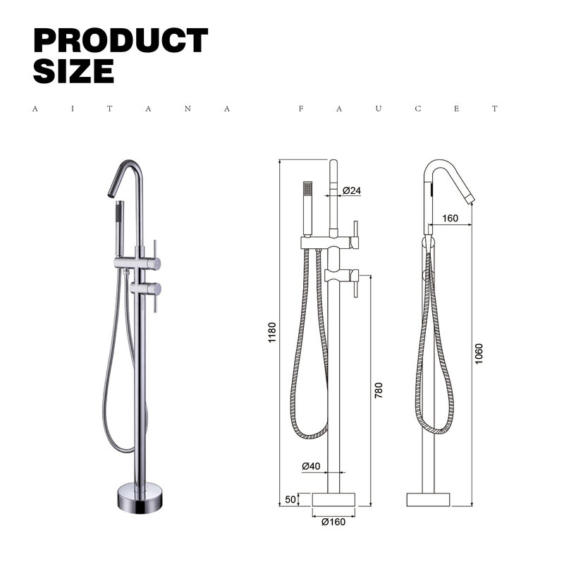 Simple chrome brass bathroom faucet with floor mounted design, bathtub faucet with single handle, cold and hot dual control Tap