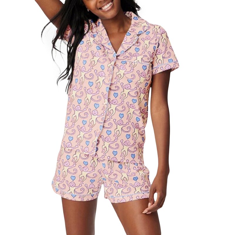 몽키 프린트 편안한 잠옷 여성용 라운지 파자마 Y2K 빈티지 반팔 블라우스 셔츠 상의 및 반바지 2 종 세트, 휴일 의상