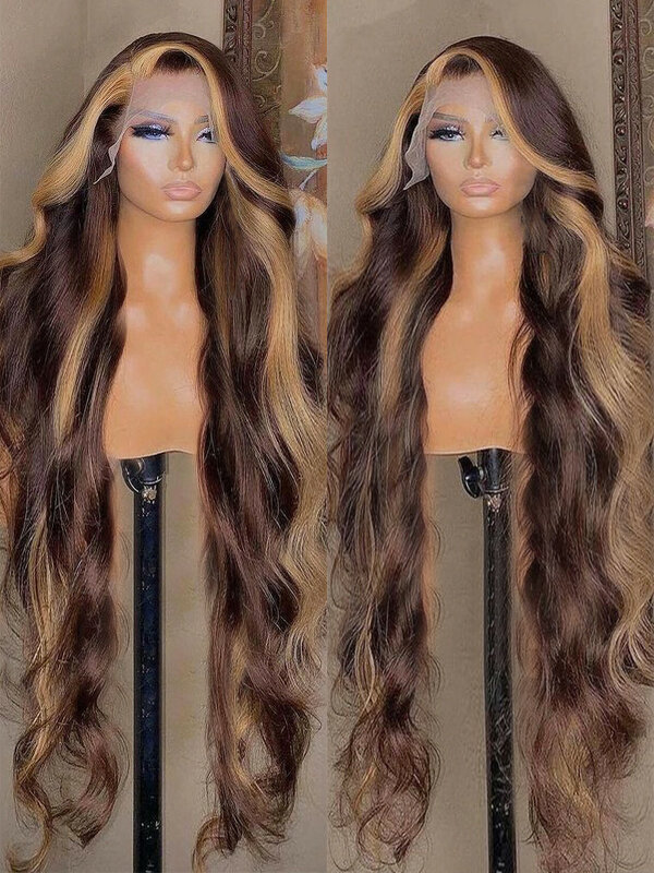 Destaque peruca de cabelo humano brasileiro marrom colorido 13x4 hd frente do laço perucas de cabelo humano para mulheres ombre onda do corpo peruca frontal do laço
