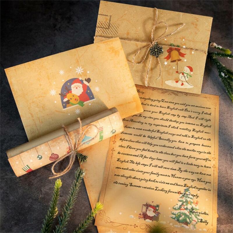 Vintage Natal Kraft Letter Pad Set, padrão dos desenhos animados, Papai Noel Envelopes, papel de escrita, cartão do convite
