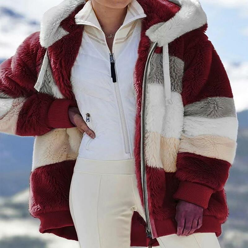Chic inverno casaco com punho elástico, cor bloco, encapuzado, fofo, combinando cores