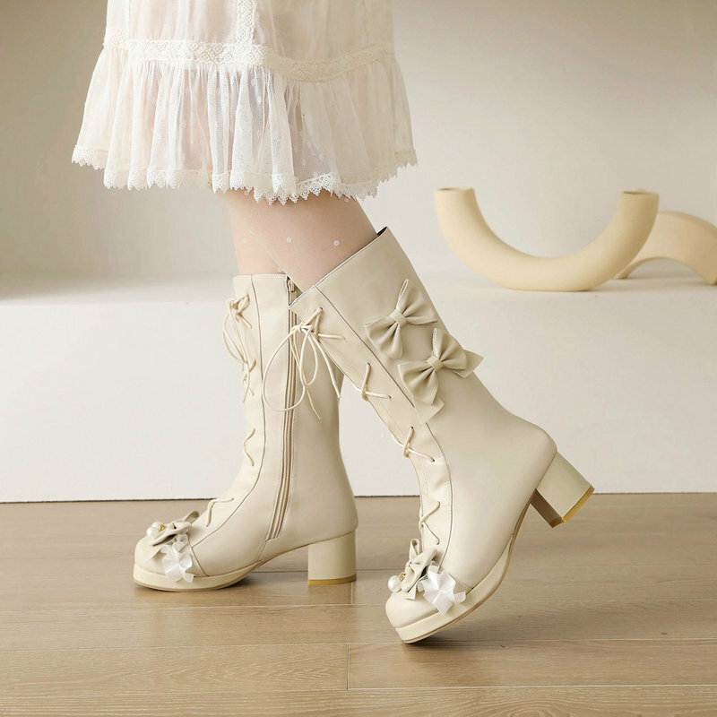 รองเท้าบูทส้นสูงปานกลางผูกโบว์หวานขนาด30-46 sepatu BOOTS anak perempuan บูทส้นสูงสีชมพูโลลิต้าไนท์รองเท้าปาร์ตี้สำหรับเด็กผู้หญิง