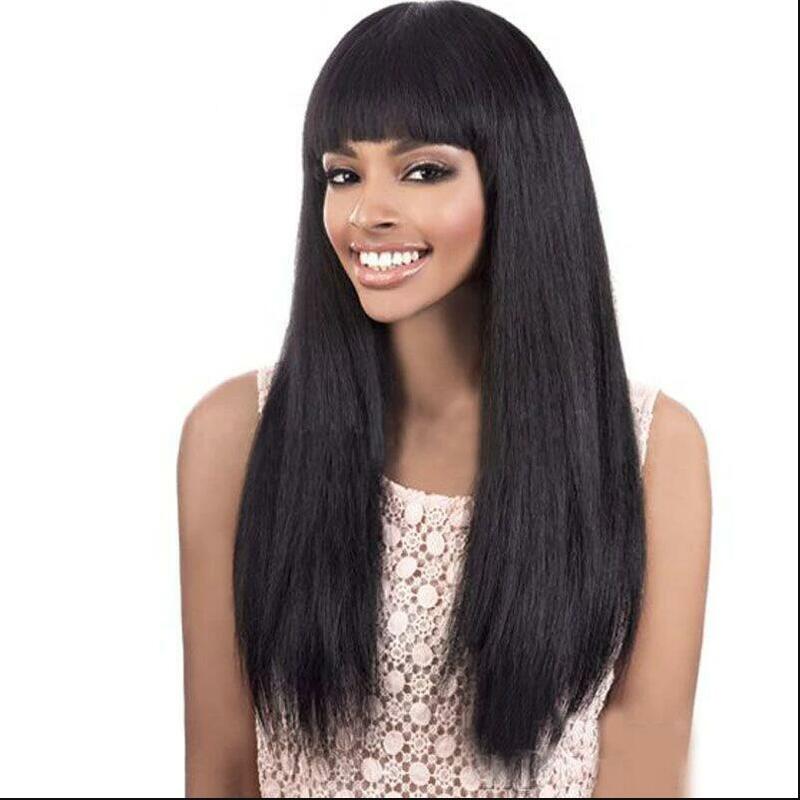 Yaki Soft 26“Long Kinky Straight 180Density Natural Black Machine Wig With Bangs For Women Baby Hair Preplucked Daily Glueless