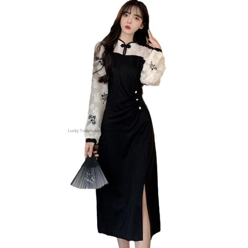 Платье в китайском стиле для женщин, улучшенное платье-Ципао, Сказочная винтажная одежда в Восточном французском стиле для молодых девушек, ТРАПЕЦИЕВИДНОЕ ПЛАТЬЕ-Ципао