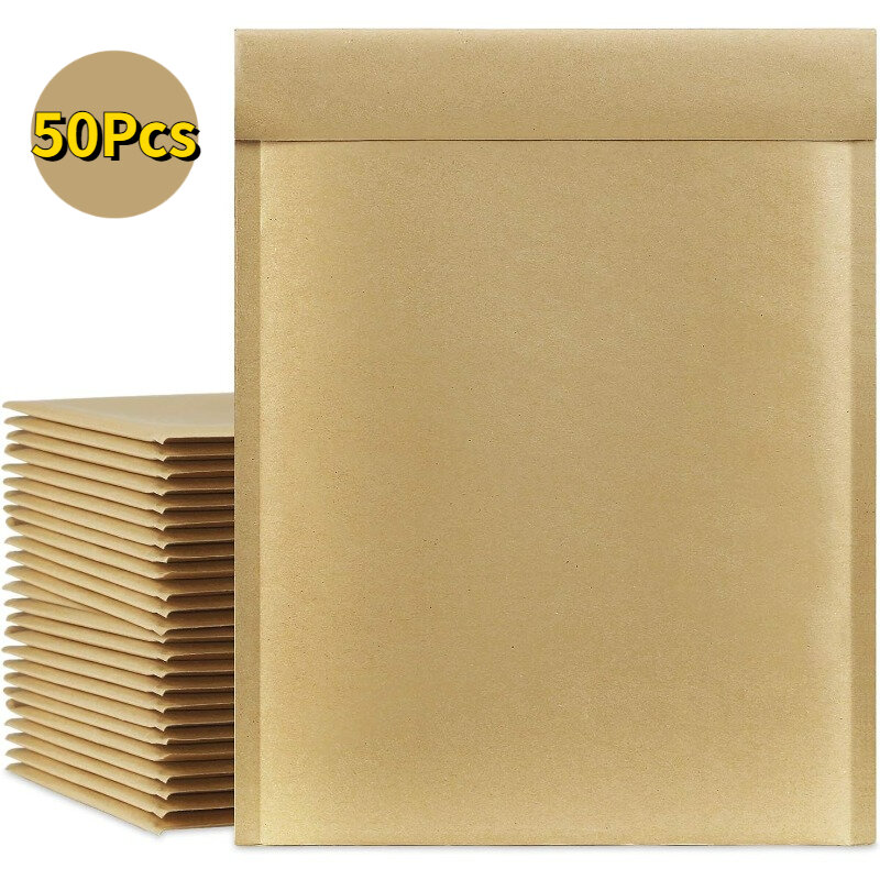 50 buah tas pengiriman amplop empuk bantal kertas Kraft Mailer gelembung coklat alami dengan kulit dan segel untuk surat surat surat gelembung