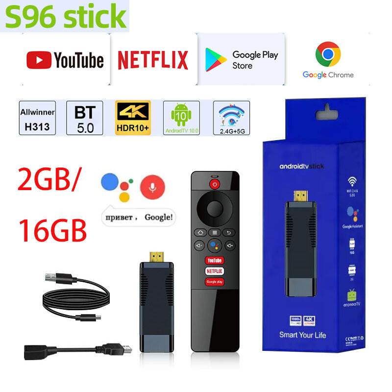 스마트 TV 스틱, S96 스틱, 1GB, 2GB, 8GB, 16GB, 안드로이드 10.0 TV 박스, AllWinner H313 2.4G, 5G WiFi 탑 박스, 블루투스 음성 리모컨