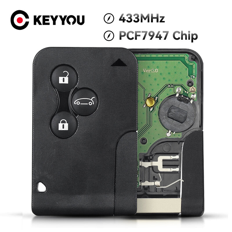 KEYYOU ID46 PCF7947 Chip For Renault Clio Logan Megane 2 Scenic II Remote Key 3 Buttons 433Mhz Smart Card Emergency Insert