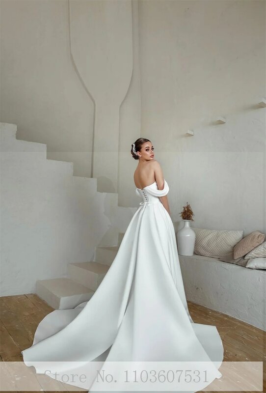 ชุดเดรสแต่งงานประดับเลื่อมลูกปัดผ้าซาตินเปิดไหล่คอปกรูปหัวใจแต่งชุดเจ้าสาว A-Line Court พร้อมชุดเดรสผ่าข้าง Vestidos de Novia
