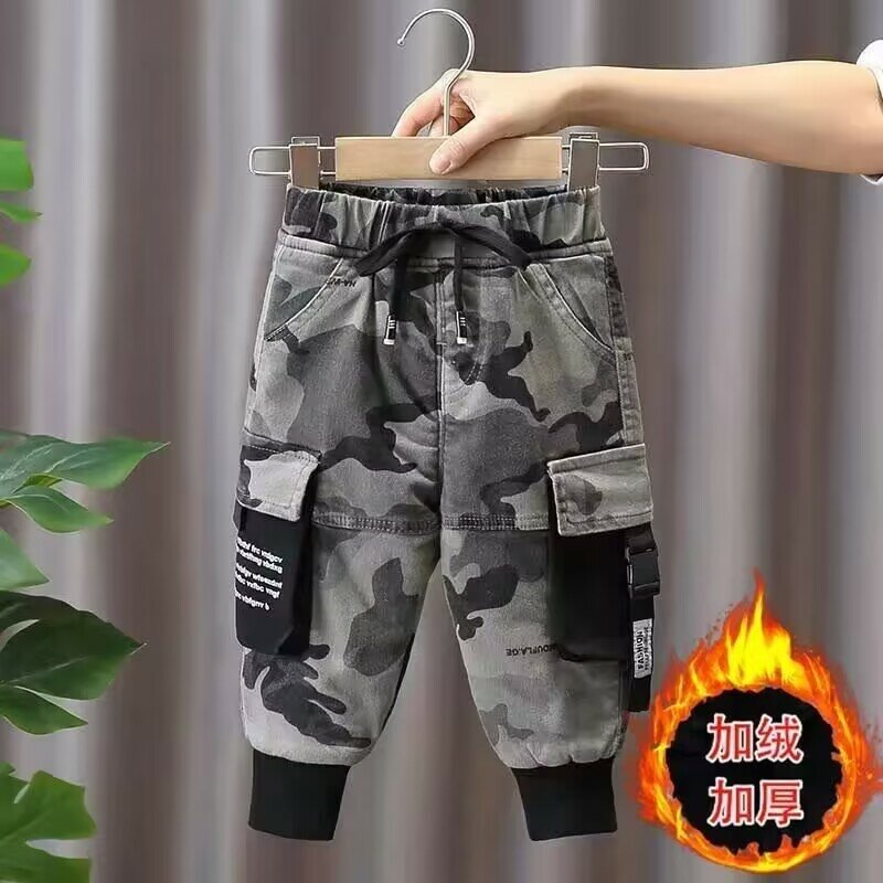 Autumn and Winter Boys' Pants 2023 New Children's Plush Thickened Warm Pants Children's Pants Baby Camouflage Cargo pants