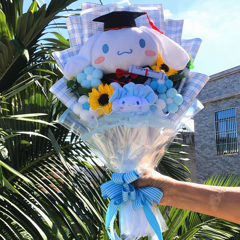 Sanrio Bouquet com graduação chapéus para meninas, desenhos animados Cinnamoroll, melodia, Kuromi, artesanal, bonito, anime, dia dos namorados, graduação, presente