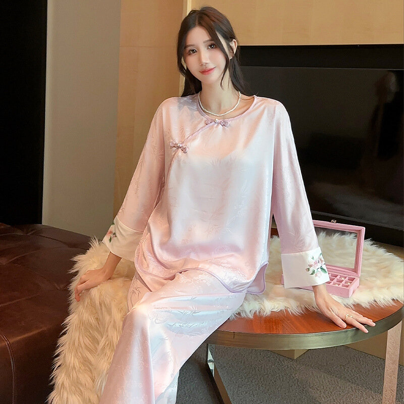 Pijama de estilo chino con hebilla para mujer, conjunto de Jacquard antiguo, ropa de casa de seda de hielo, se puede usar en exteriores Xl, primavera y otoño, nuevo