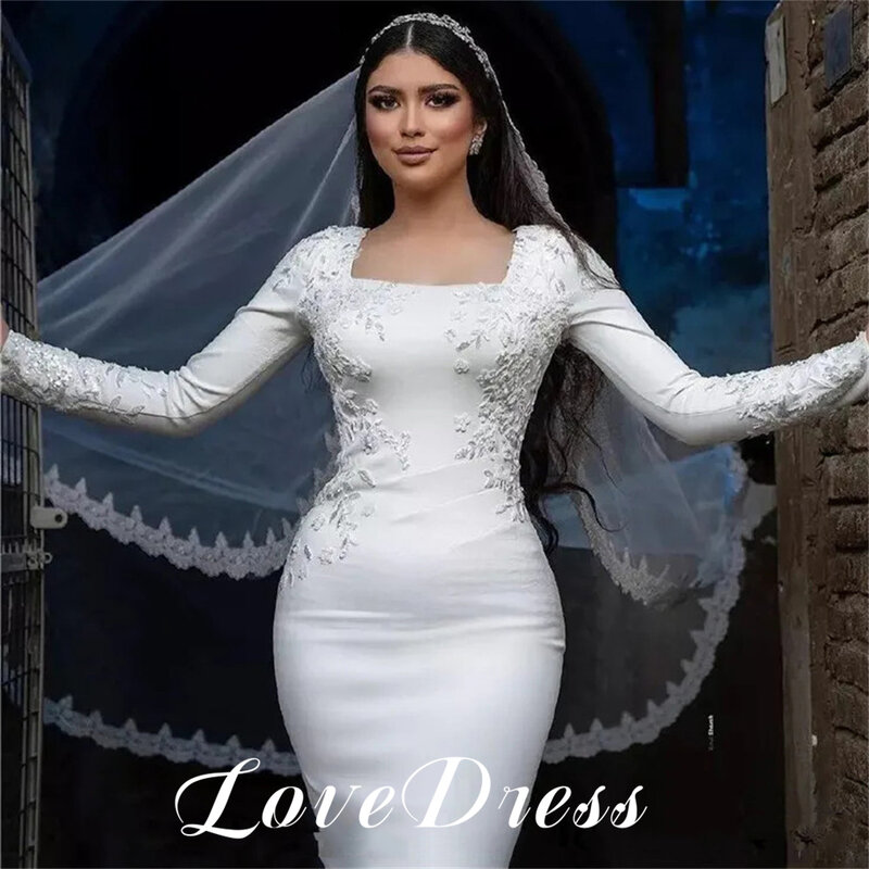 Love Elegant Lace Applique maniche lunghe Meimaid Stain abiti da sposa colletto quadrato lunghezza pavimento abiti da sposa Vestidos De Novia