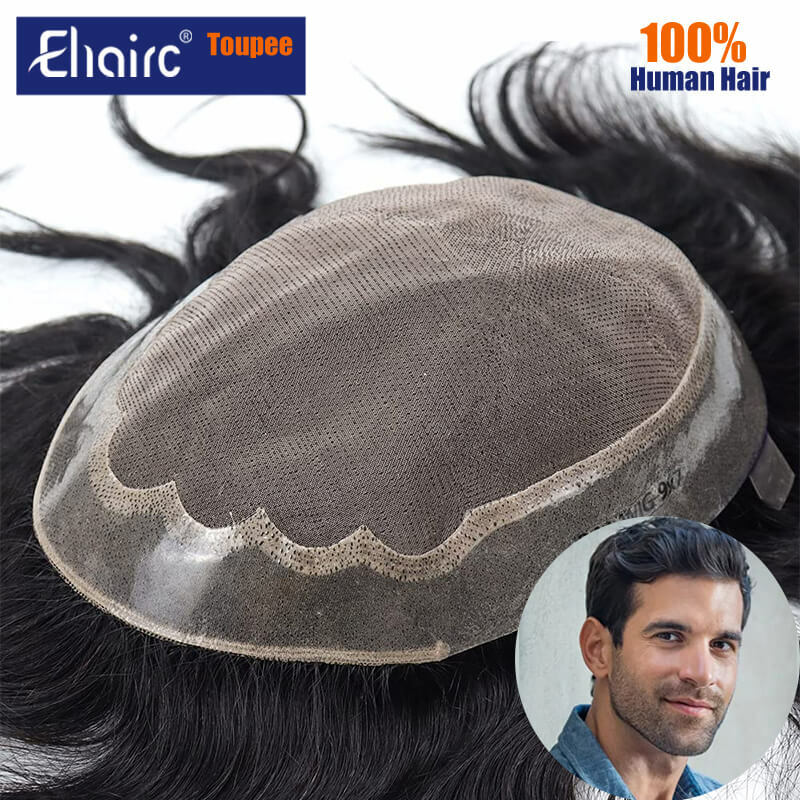 Male Hair Prosthesis Mono with Soft Pu around Durable Toupee Hair Men Breathable Man Wig 100% Human Hair Prosthetic Hair Men