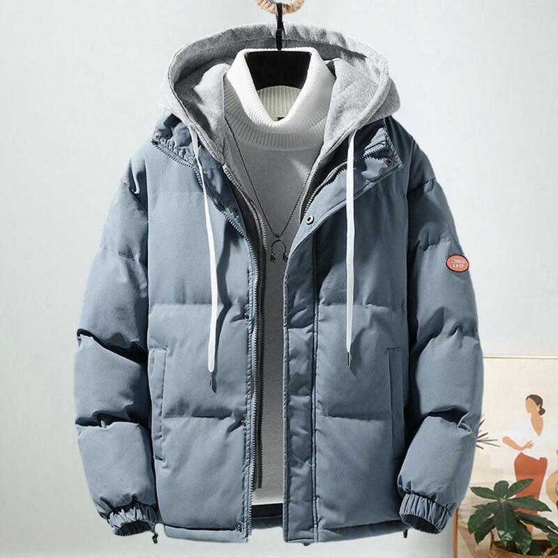 Winter Coat with Hood Windproof Hooded Coat with Zipper Placket Pockets for Men Thickened Cotton Outwear for Autumn Winter Men