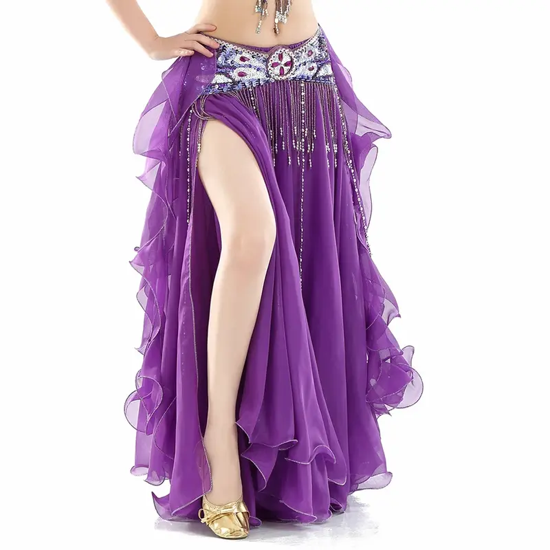 Costume di danza del ventre gonna doppia con spacchi alti senza cintura Chiffon professionale per le prestazioni sul palco delle donne