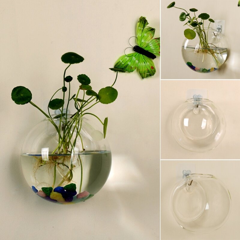 Transparent Glass Vase Wall Hanging Hydroponic Terrarium Fish Tanks Potted Plant Flower Pot Dia 8cm/10cm/12cm
