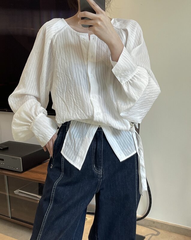 Cor sólida casual feminina rodada pescoço comprido manga comprida camisa de encaixe solto, primavera e verão
