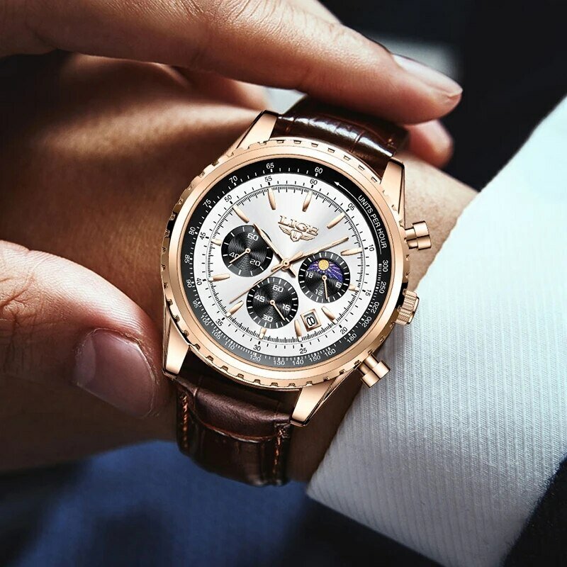 นาฬิกาผู้ชายใหม่แบรนด์หรู Lige นาฬิกาข้อมือหนังนาฬิกาควอตซ์นาฬิกากีฬาผู้ชาย relogio masculino + กล่อง