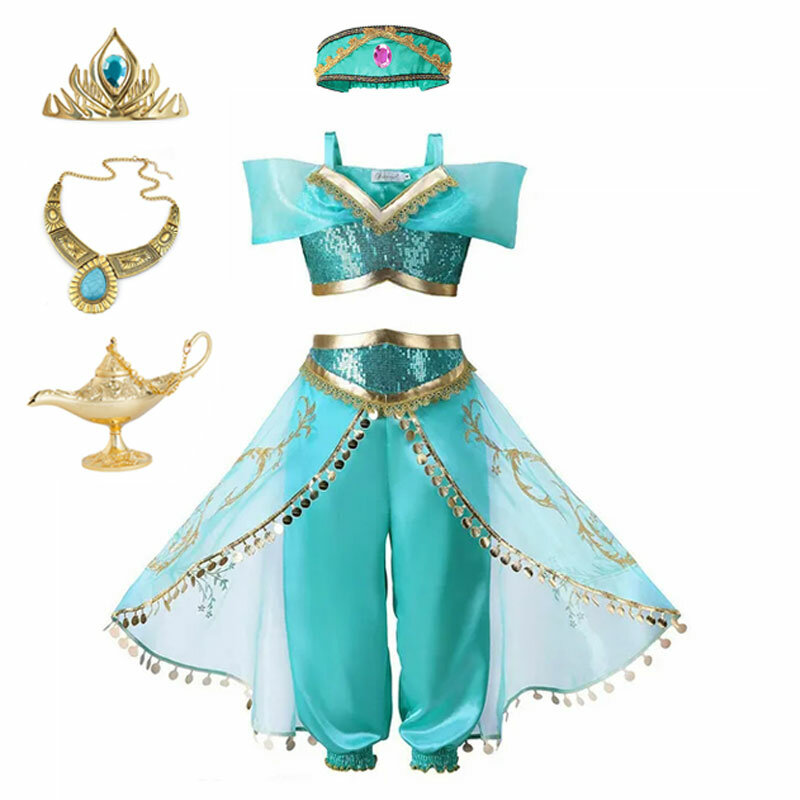 Disney Jasmine Princess Dress para meninas, Carnaval Cosplay, Aladdin e Agic Lâmpada, Halloween Costume, Conjunto de Roupas, Aniversário