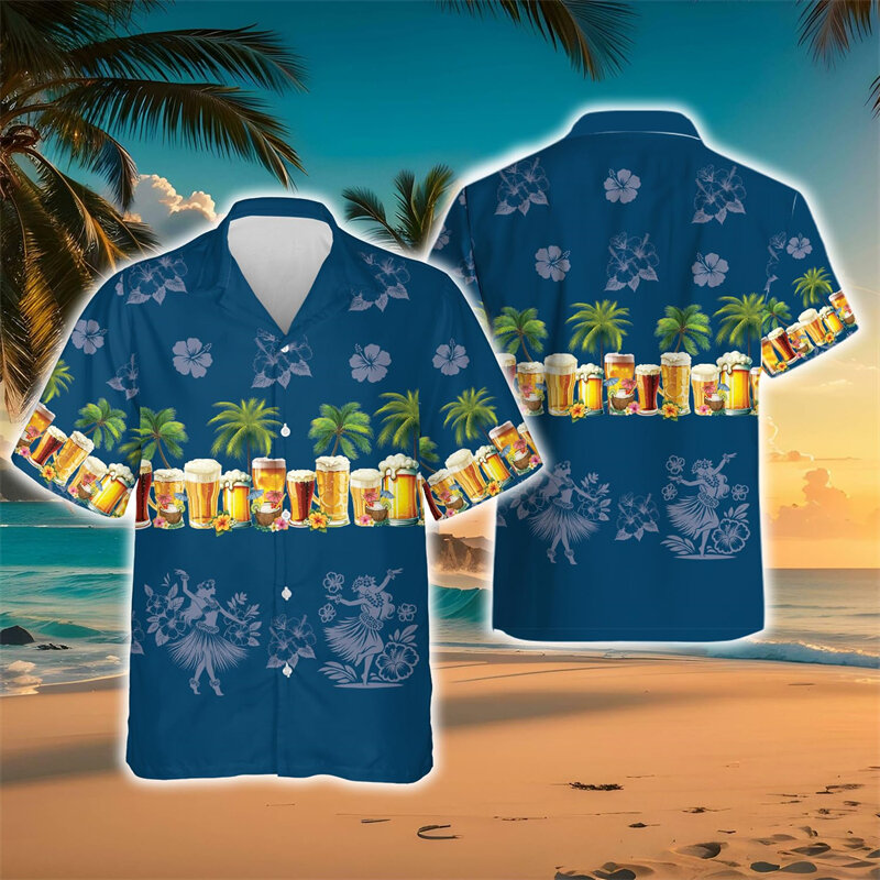 Tropical Hula Drink Party Graphic Shirts For Men Clothes Casual Vacation  Champagne Blouses Whiskey Scotch Juices Beer Lapel Top