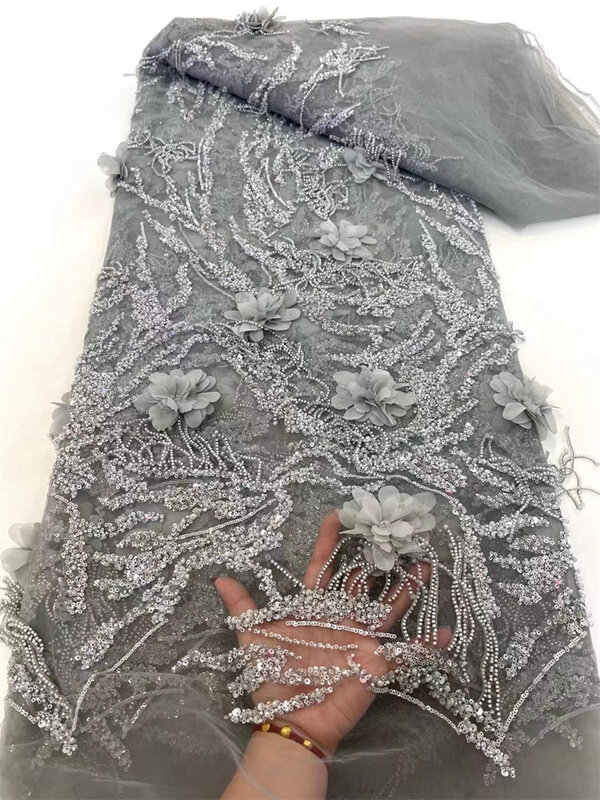 Тюль с французскими бусинами, кружевная ткань, ткань, Африканское Сетчатое кружево с блестками, вечерний материал, роскошная мода, 2024