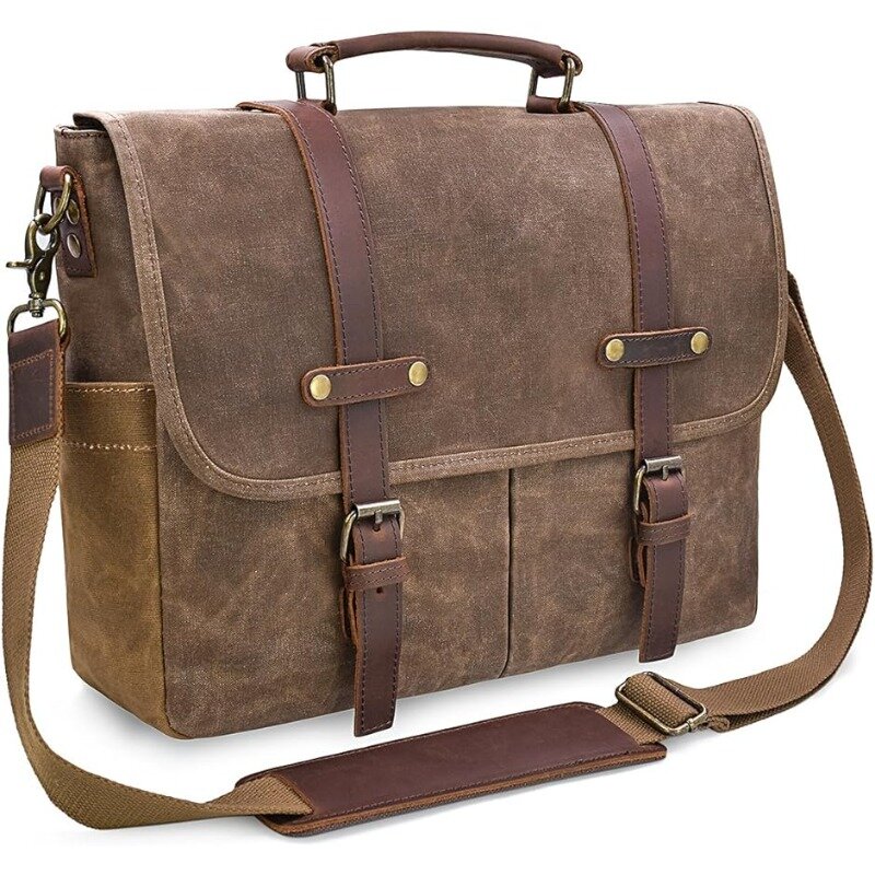 15,6 дюймовый водонепроницаемый винтажный кожаный вощеный брезентовый портфель, большая кожаная сумка, коричневый