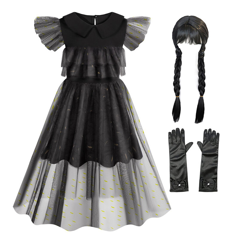 Wednesday Addams Cosplay For Girl Costume 2023 New Vestidos For Kids Girls Mesh Party Dresses Carnival Costumes 3-10 Years Old