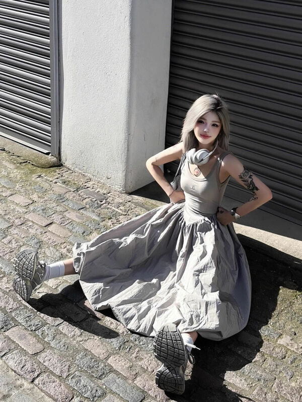 Женское пикантное платье-жилет во французском стиле с открытой спиной, летние облегающие Лоскутные миди Универсальные Длинные пушистые юбки с зауженной талией