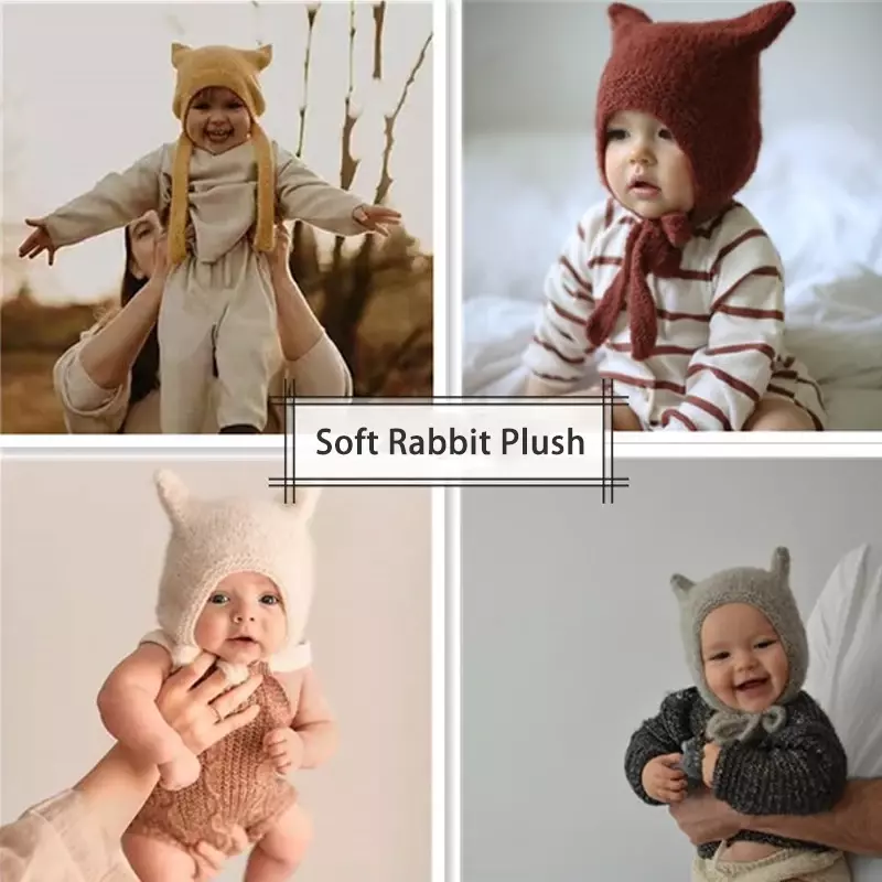 Ins-Sombrero de felpa de conejo de dibujos animados para recién nacido, gorro de algodón con protección para los oídos de encaje, lindo niño y niña, Otoño e Invierno