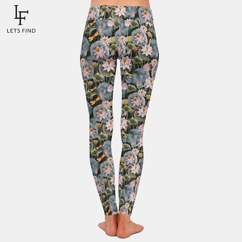 LETSFIND High Quaility Beautiful Watercolor Lotus Print Women Leggings Fashion High Wiast Soft Slim Fitness Leggings