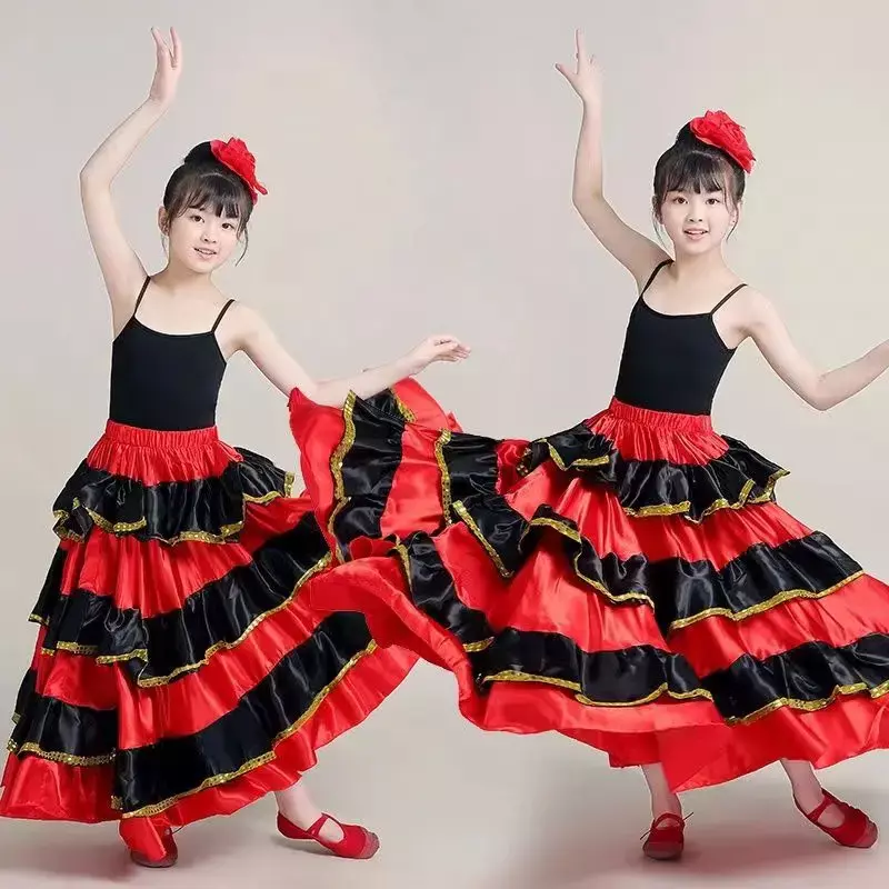 Kid Girl Gypsy Spanish Flamenco Skirt Satin Smooth Big Swing Carnival Party Ballroom Belly Dance Festival Stage Costume