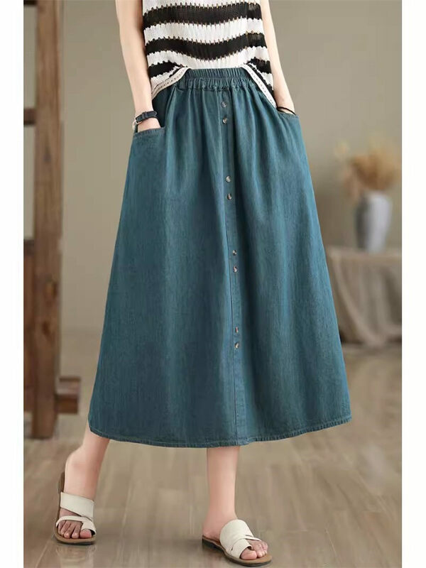 Summer Retro Washed Pure Cotton Denim Skirt For Women Elegant 2024 Fashion Button Elastic Waist A-Line Jeans Skirt Midi K1280