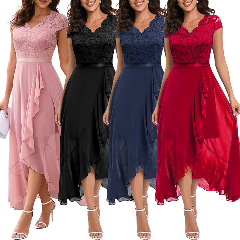 2024 Sexy Wowen Evening Dress High-Low Asymmetric Short Sleeve Pink Black Bridesmaid Prom Dresses Elegant Lace Long Party Gowns