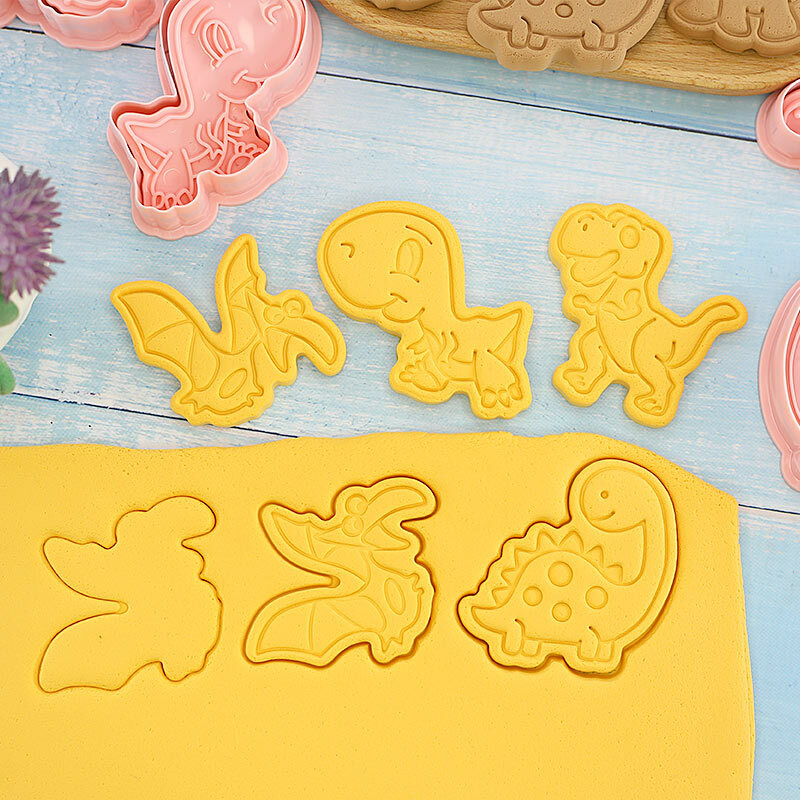 8ピース/セット恐竜形状クッキーカッタープラスチック3D漫画pressableビスケット金型クッキースタンプキッチンベーキングペストリー耐熱皿