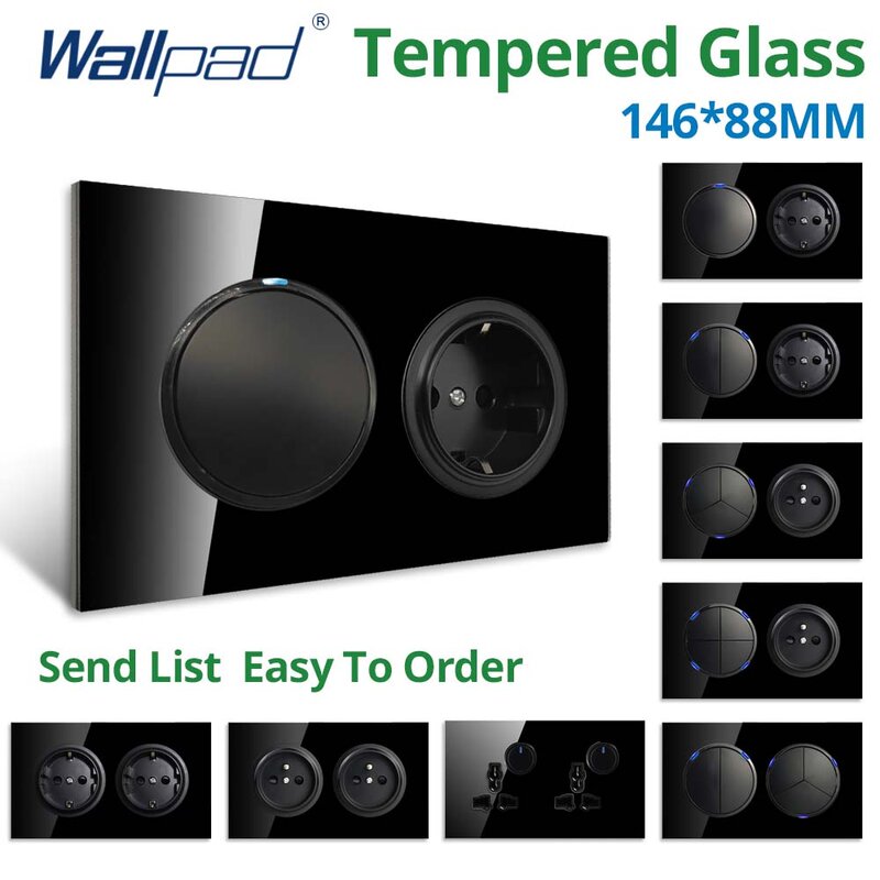 Wallpad-Toma de corriente eléctrica con botón redondo, enchufe de pared con Panel de cristal doble, color negro, USB, UE, Reino Unido, 1, 2, 3, 4 entradas, 146x88mm