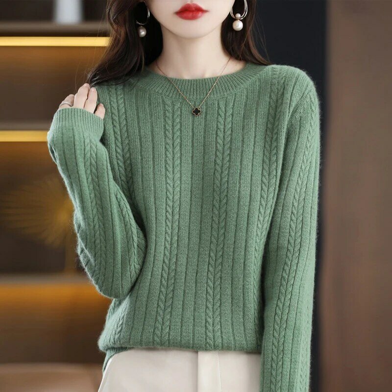 100% puro lã o-pescoço torcido flor pulôver feminino high-end camisola de caxemira quente de malha mangas compridas no outono e inverno