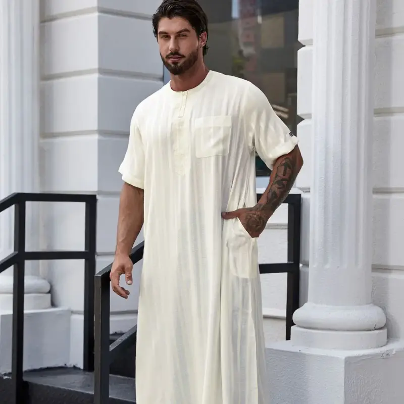 Mens Solid Color Robes Saudi Jubba Thobe Man Vintage Short Sleeve O Neck Muslim Arabic Islamic Clothing