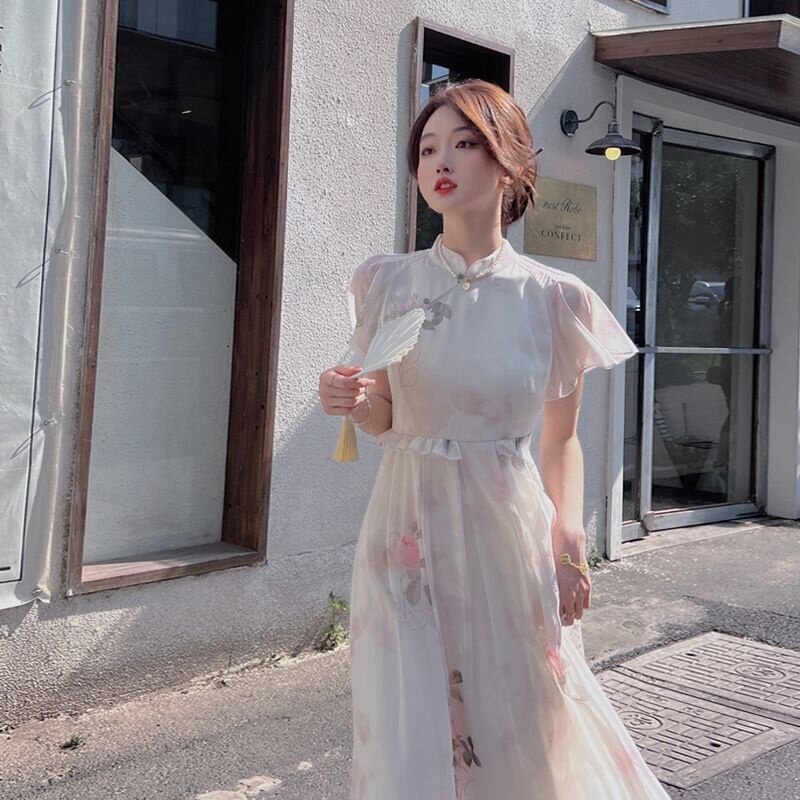 Vestido Cheongsam de manga corta con estampado de Halo de tinta para mujer, vestidos largos de moda, nuevo estilo chino, temperamento mejorado, Qipao
