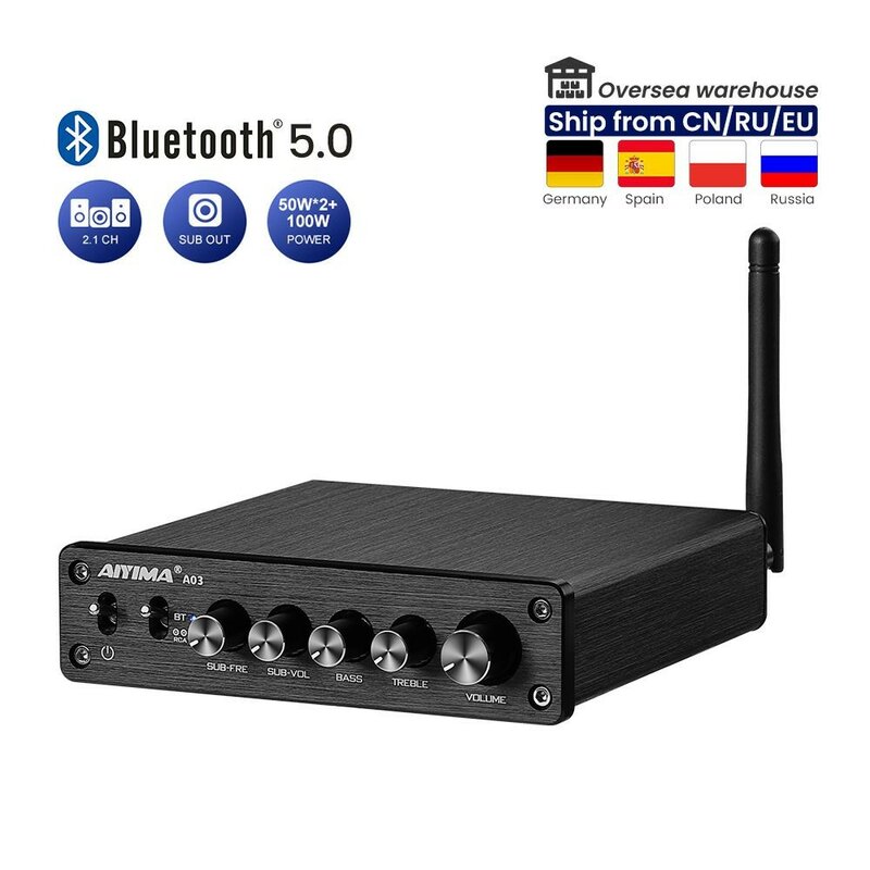 AIYIMA-Amplificador Bluetooth Subwoofer, TPA3116D2, Amplificadores de Potência de Áudio Digital, Amplificador de Som A03, TPA3116D2, 2.1, 50W x 2, 100W