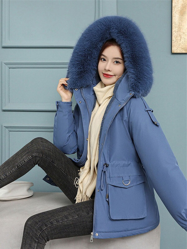 여성용 두꺼운 파카 코트, 따뜻한 여학생 짧은 면 패딩 재킷, 플리스 오버코트, 후드 모피 칼라 방풍 코트, 겨울