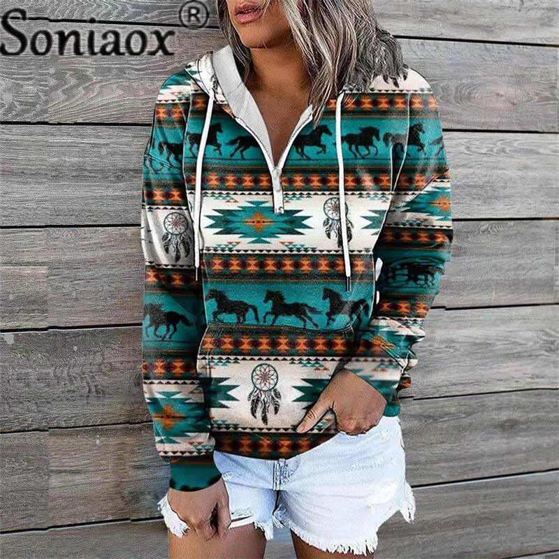 Vintage Hoodies Geometry Color Contrast Zipper Hooded Tops Women Autumn New Drop Shoulder Long Sleeves Loose Female Sweatshirt