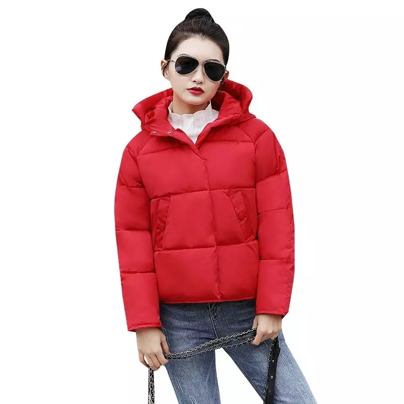 한국 패션 겨울 두꺼운 짧은 다운 코트, 오피스 레이디 캐주얼 출퇴근 지퍼 후드 파카, 단색 빅 포켓 오버코트